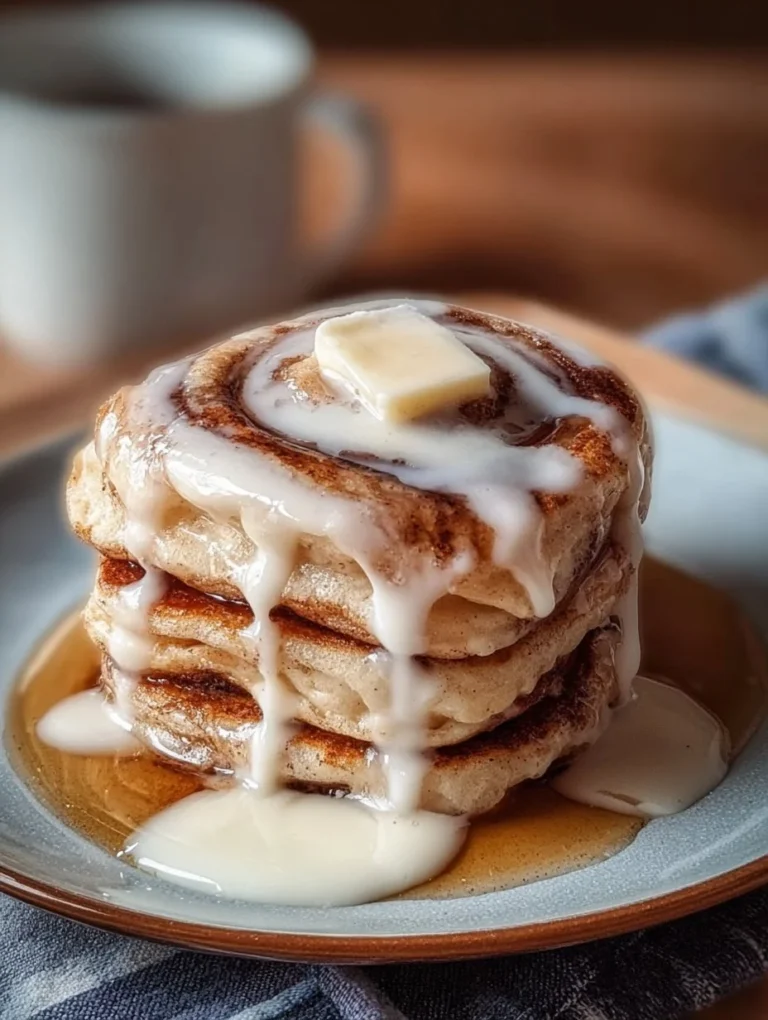 Zimtschnecken-Pfannkuchen auf einem Teller mit Zimt und Zucker dekoriert.