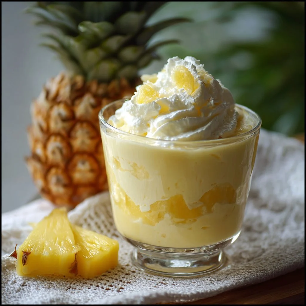 Ananascreme in einer schönen Dessertschüssel mit frischen Ananasstücken