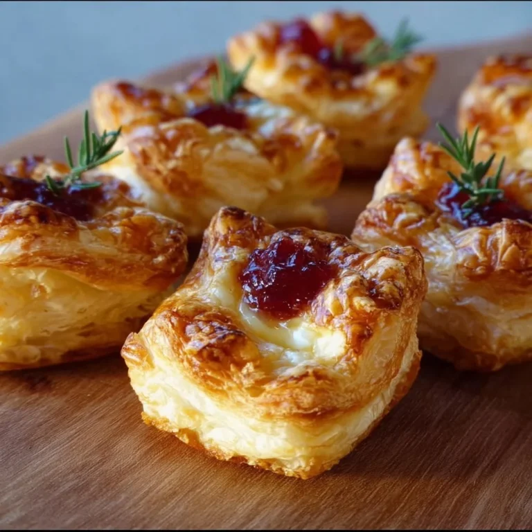 Blätterteig-Häppchen mit Camembert auf einem Teller serviert