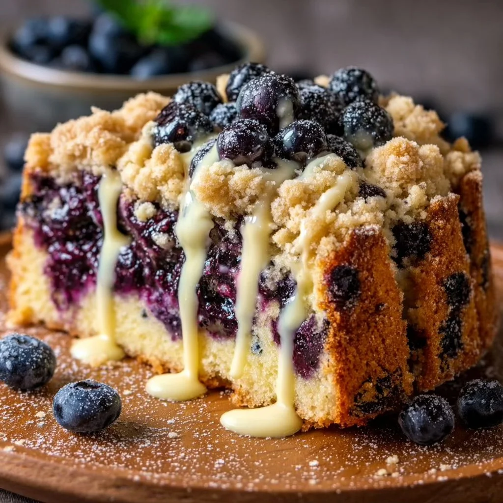 Blaubeerkuchen mit Pudding und Streusel auf einem rustikalen Tisch