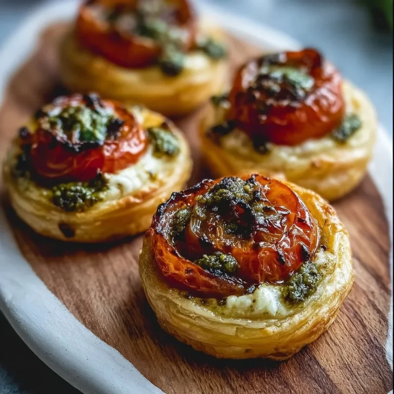 Delikate Caprese Pesto Häppchen aus Blätterteig, ideal als Snack oder Party-Appetizer.