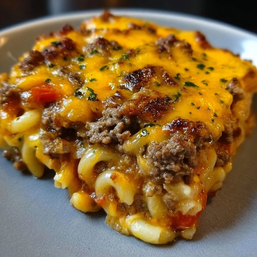 Leckerer Cheeseburger Auflauf mit Käse, Hackfleisch und frischen Zutaten