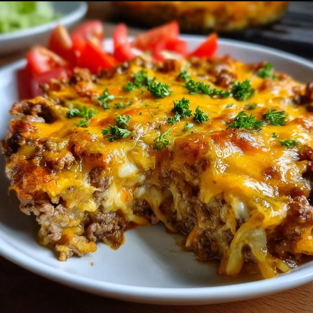 Leckeres Cheeseburger-Casserole Gericht auf einem Teller serviert