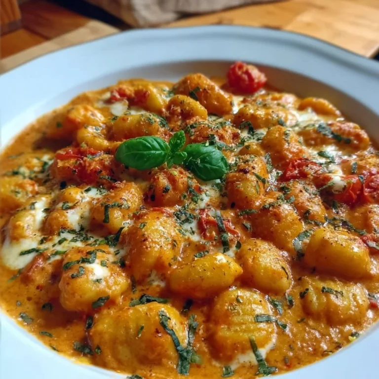 Cremige Gnocchi mit Tomate und Mozzarella in einer Schüssel serviert.