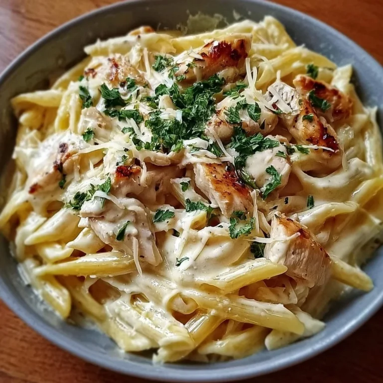 Cremige Hähnchen-Alfredo-Nudeln auf einem Teller garniert mit Petersilie