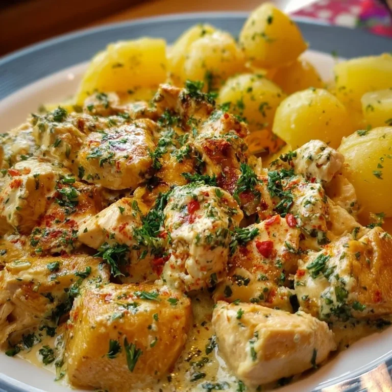 Cremiges Knoblauch-Käse Hähnchen mit Kartoffeln kurz gekocht