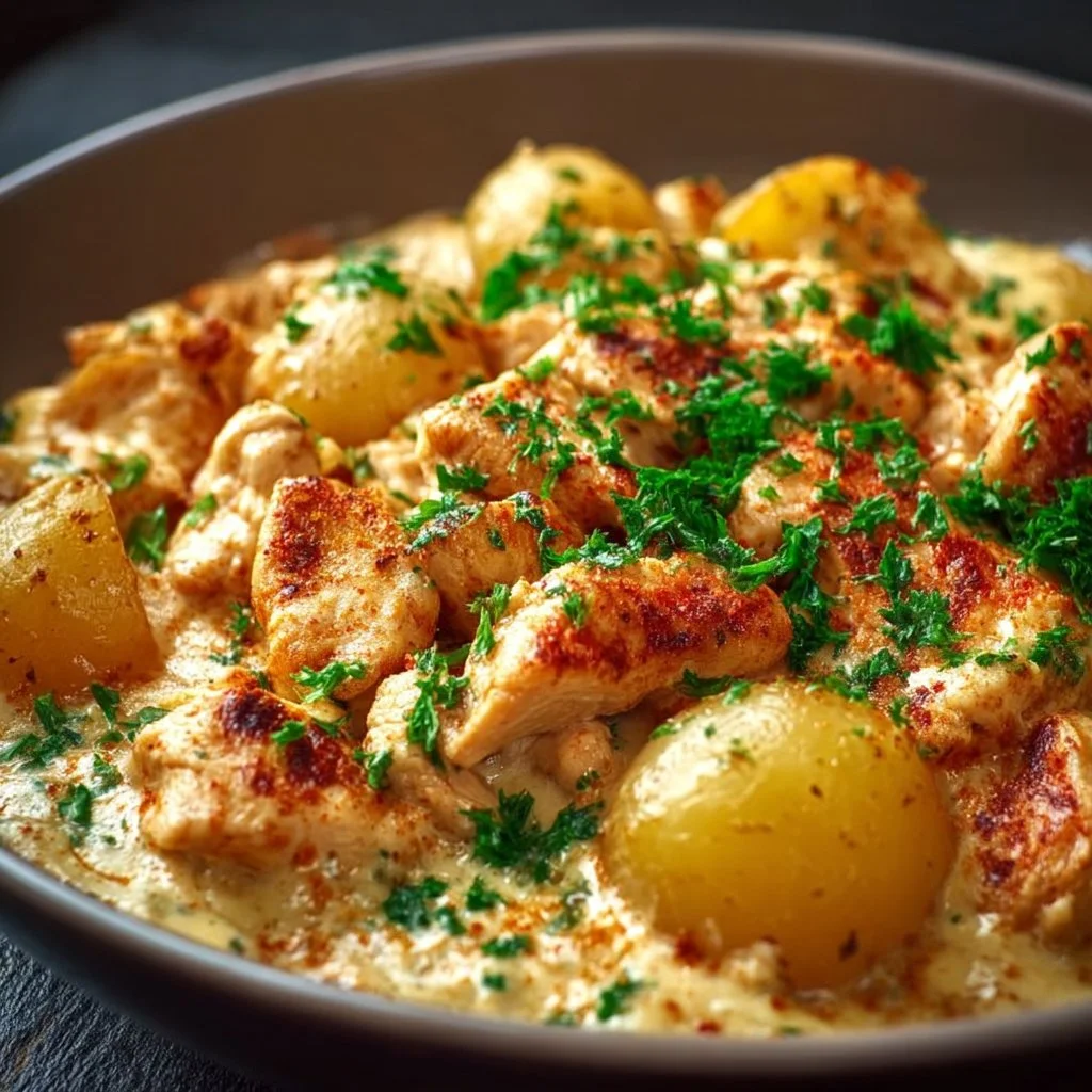 Cremige Knoblauch-Käse Hähnchen-Kartoffeln