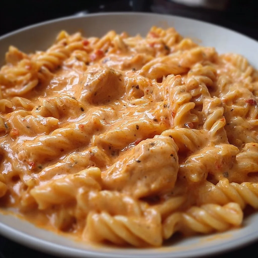 Cremige Pasta mit Tomatensoße auf einem Teller serviert