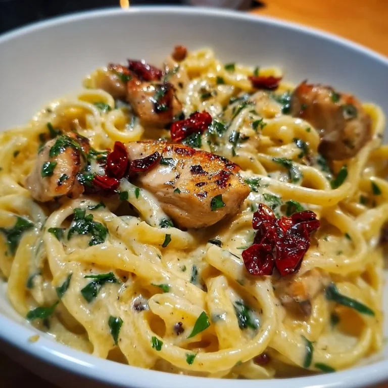 Cremige toskanische Hähnchenpasta in einer Schale serviert