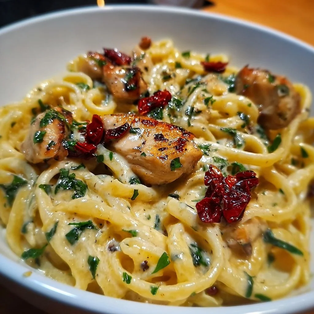 Cremige toskanische Hähnchenpasta in einer Schale serviert