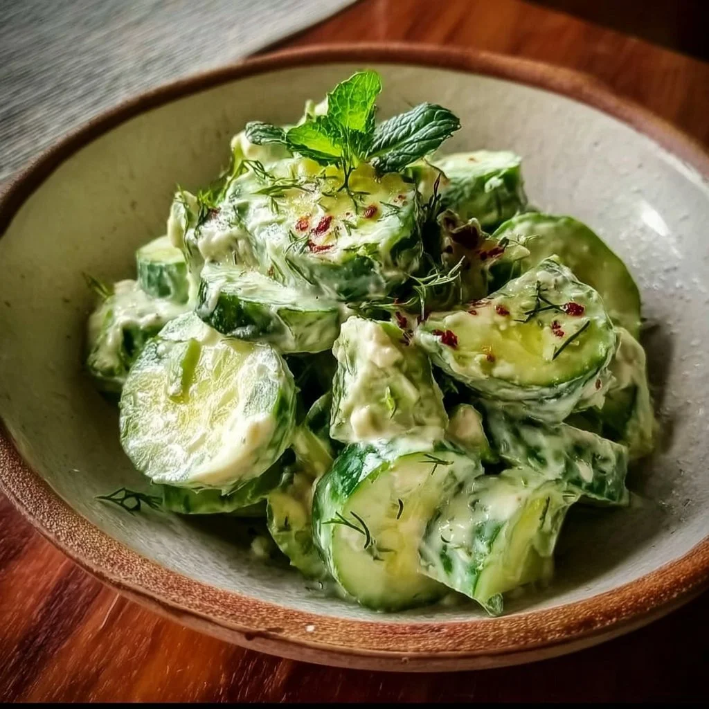 Cremiger Avocado Gurken Salat mit frischen Zutaten in einer Schüssel