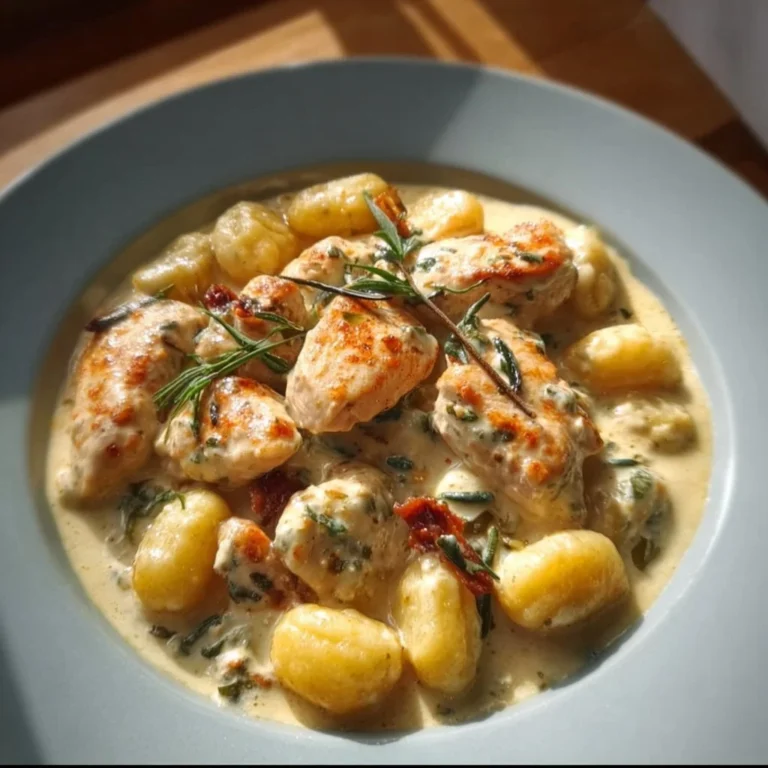 Cremiges Hühnchen Gnocchi Gericht auf einem weißen Teller