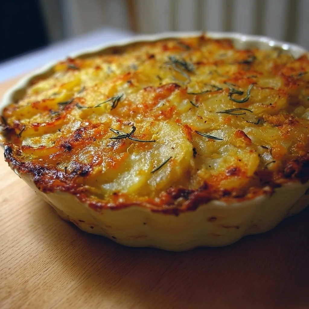 Vegetarischer Kartoffelauflauf mit buntem Gemüse und Käse überbacken