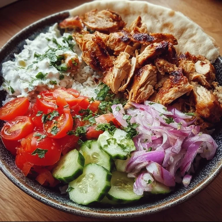 Döner Bowl mit Hähnchen und frischem Gemüse auf einem Teller