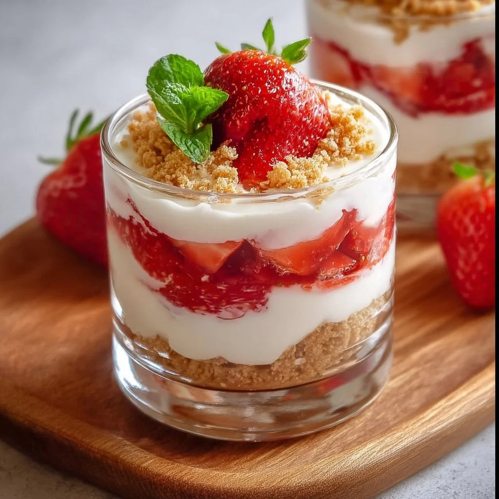 Erdbeer-Dessert im Glas mit frischen Erdbeeren und Sahne.