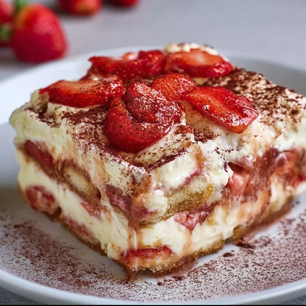 Leckeres Erdbeertiramisu mit frischen Erdbeeren und cremiger Mascarpone.