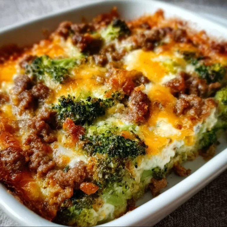 Fitness-Casserole mit Brokkoli und Hackfleisch auf einem weißen Teller