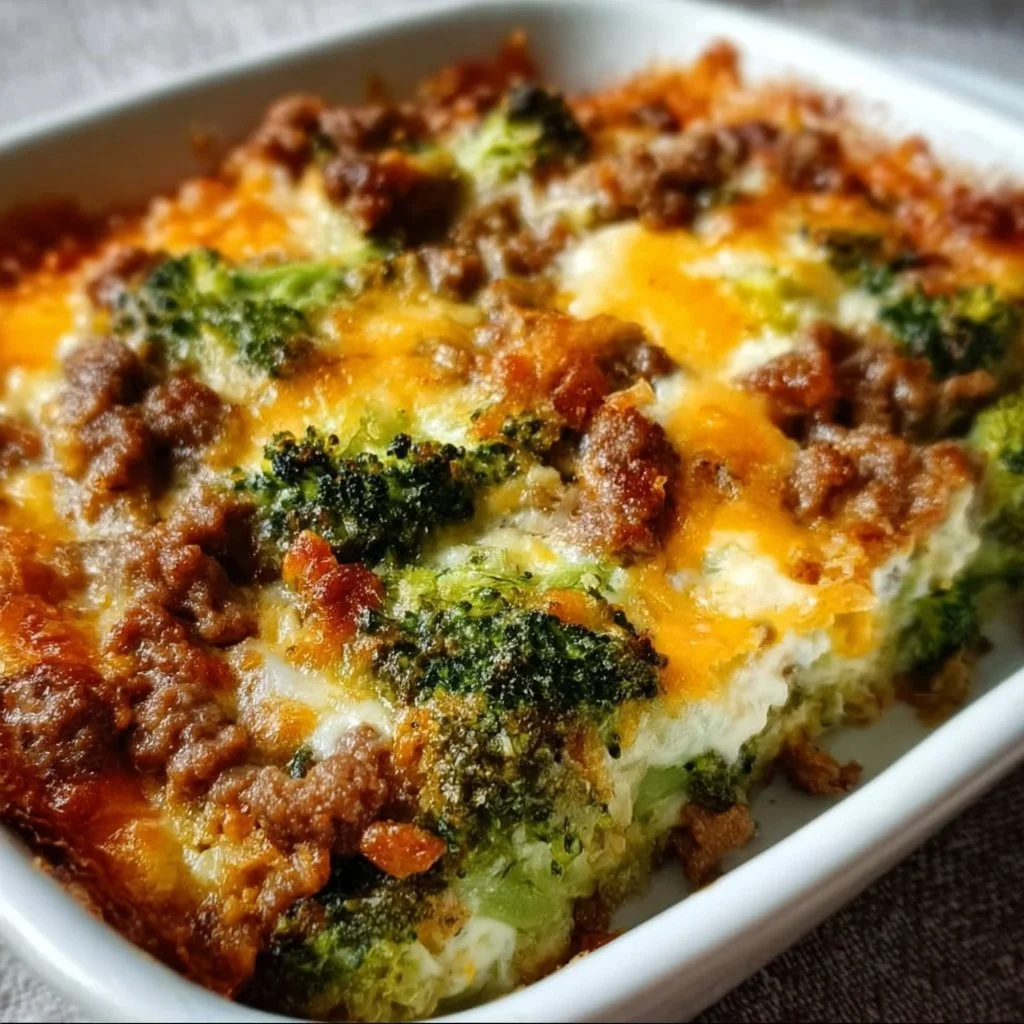 Fitness-Casserole mit Brokkoli und Hackfleisch auf einem weißen Teller