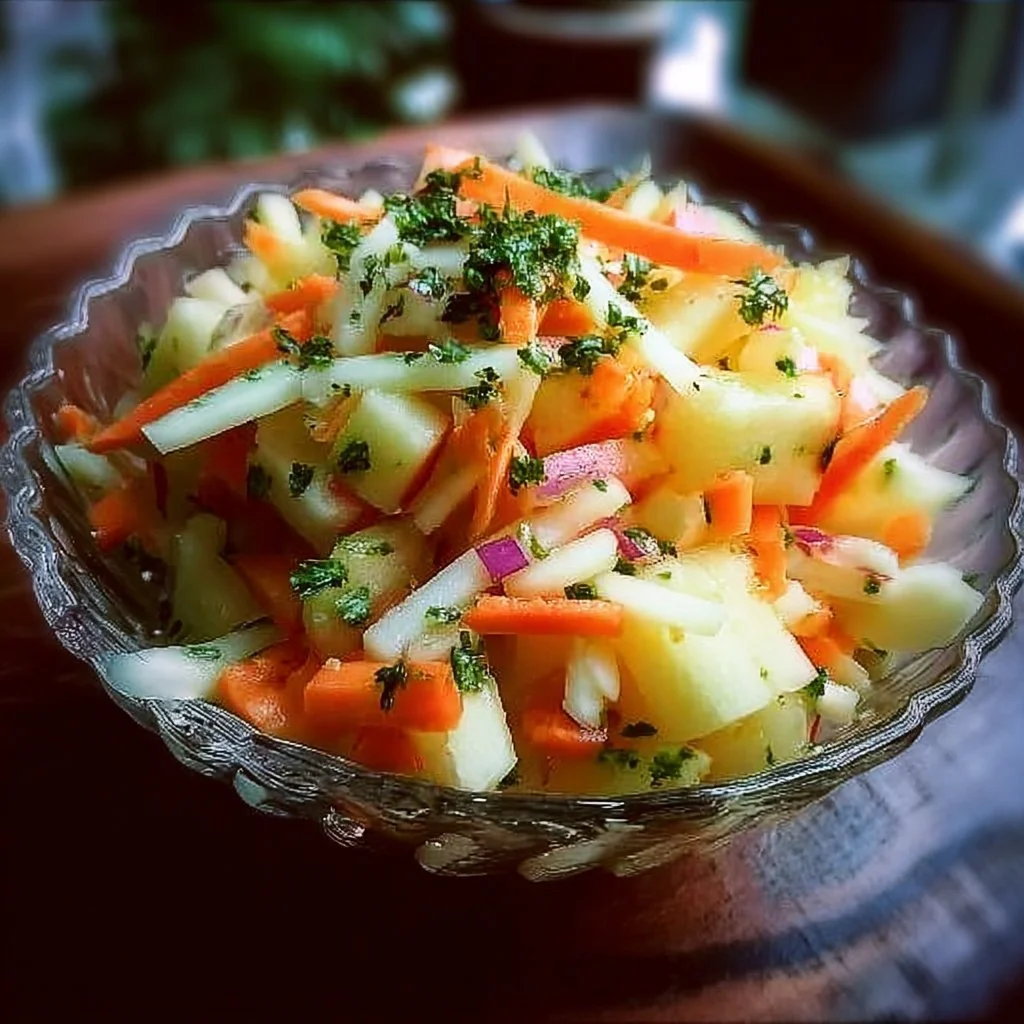 Frischer Kohlrabi Karotten Apfel Salat auf einem Teller