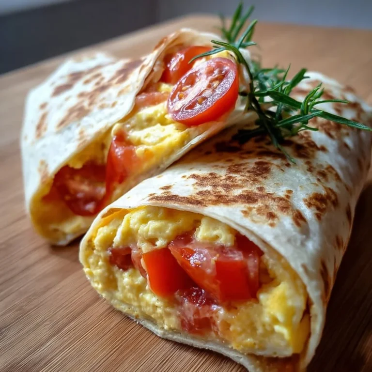 Frühstückswrap mit Ei, Käse und Tomaten auf einem bunten Teller