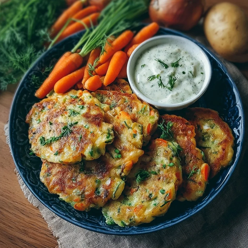 Veggie pancakes served with herb dip for a tasty meal option.