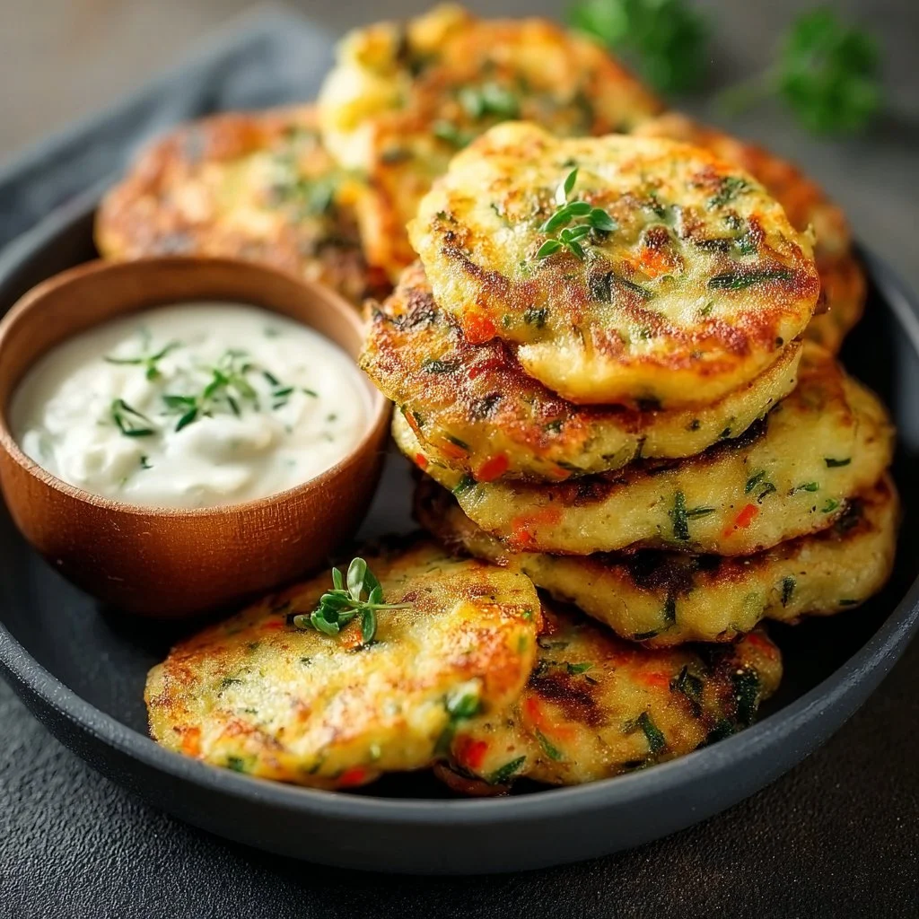 Gemüsepfannkuchen mit Kräuterdip