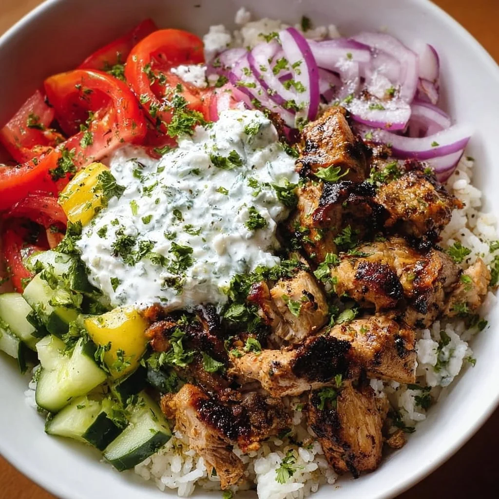 Griechische Hähnchen Bowl mit frischem Gemüse und aromatischen Gewürzen