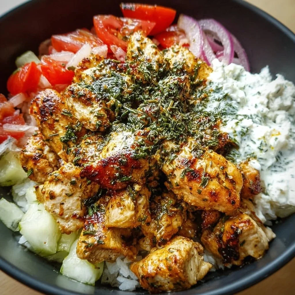 Griechische Hähnchen Bowl mit saftigen Hähnchenstücken und frischem Gemüse