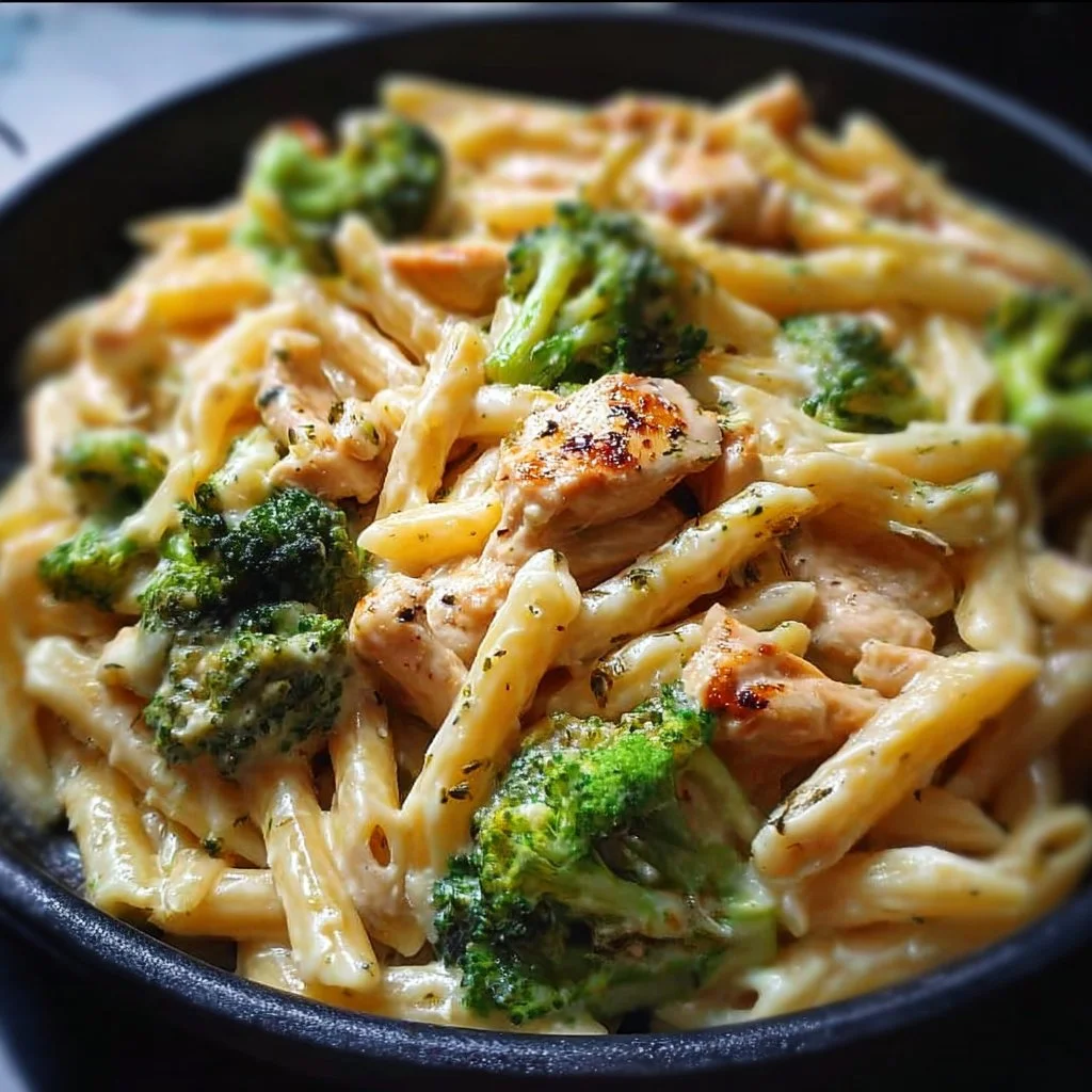 Hähnchen-Brokkoli-Pasta Gericht für 4 Personen, serviert in einer Schüssel.