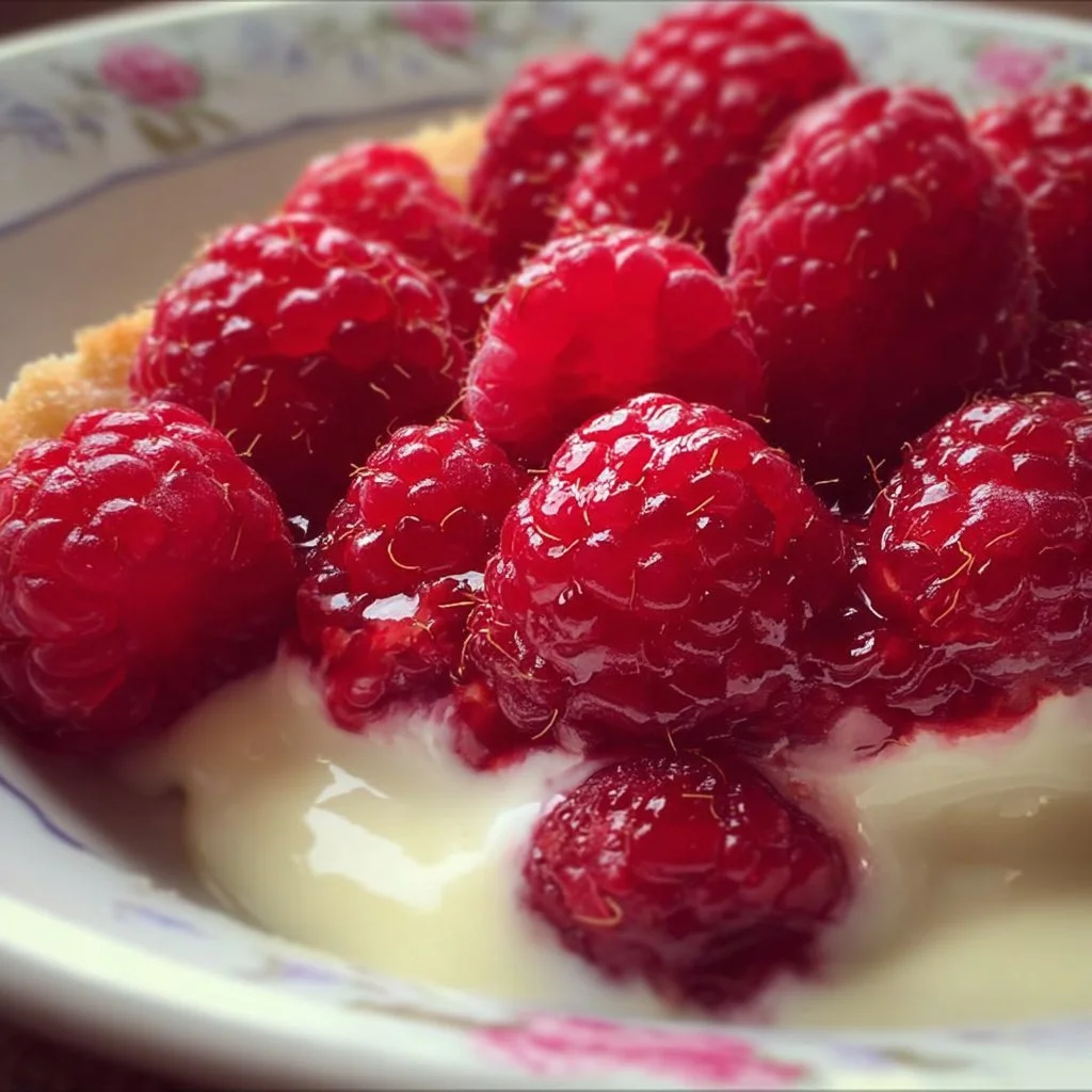 Himbeer Schmandcreme Dessert mit frischen Himbeeren