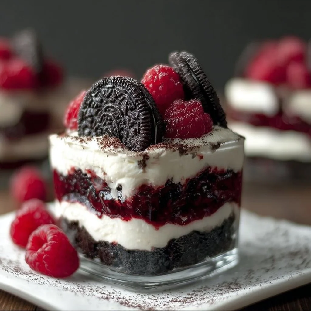 Himbeer Oreo Dessert mit frischen Himbeeren und Oreo-Keksen