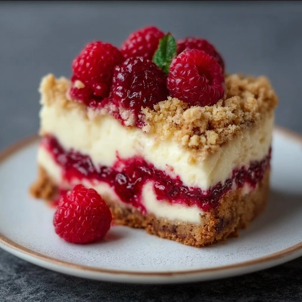 Himbeer Streuselkuchen mit Joghurt Cheesecake auf einem Teller serviert.