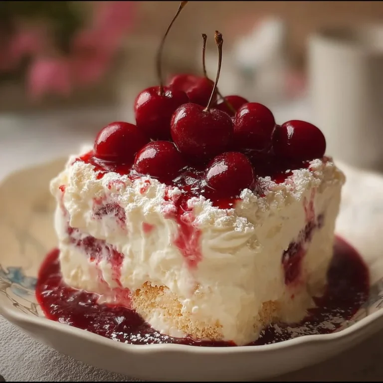 Himmlisches Engelscreme Dessert mit Kirsch-Extrakt auf einem Teller serviert.