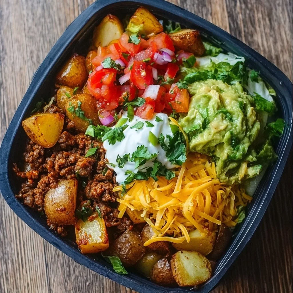 Kartoffel Taco Bowl mit frischen Zutaten und Gewürzen