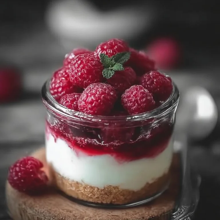 Käsekuchen im Glas mit Himbeeren dekoriert