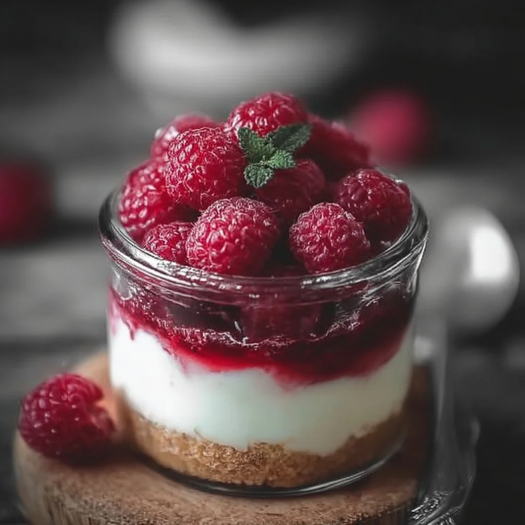 Käsekuchen im Glas mit Himbeeren dekoriert