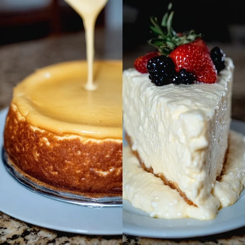 Käsekuchen mit Joghurt, cremig und leicht serviert auf einem Teller