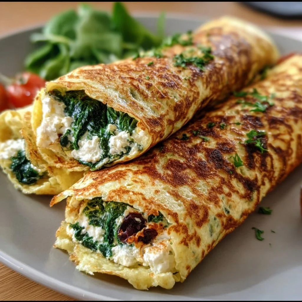 Keto Pancake Wraps mit Spinat und Feta auf einem Teller serviert