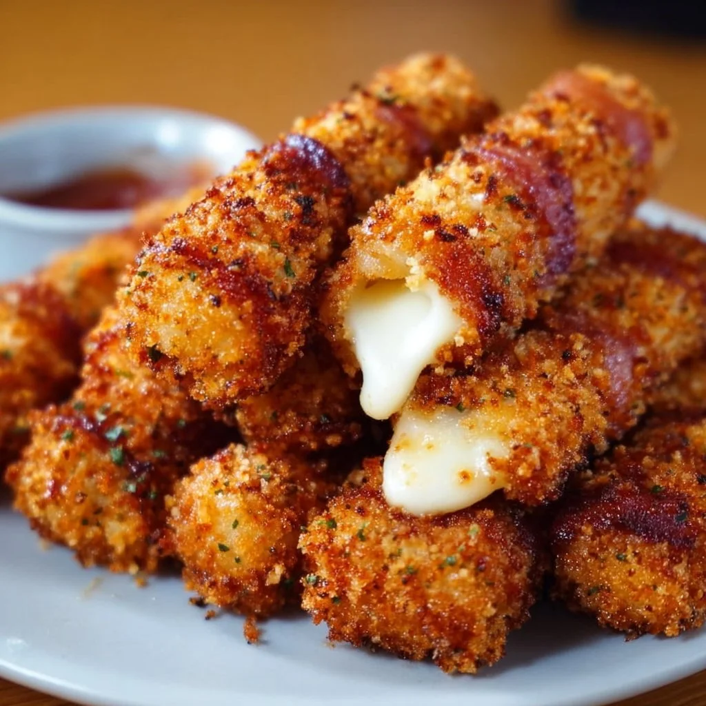 Knusprige Beef Bacon Mozzarella Sticks auf einem Teller serviert