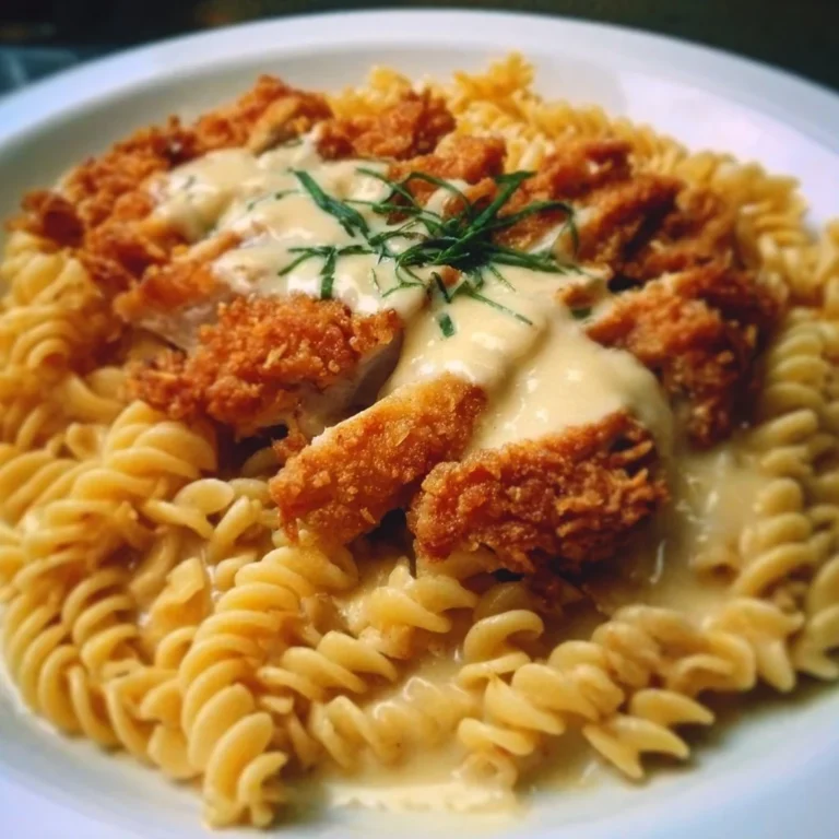 Knuspriges Hähnchen mit cremiger Pasta auf einem Teller