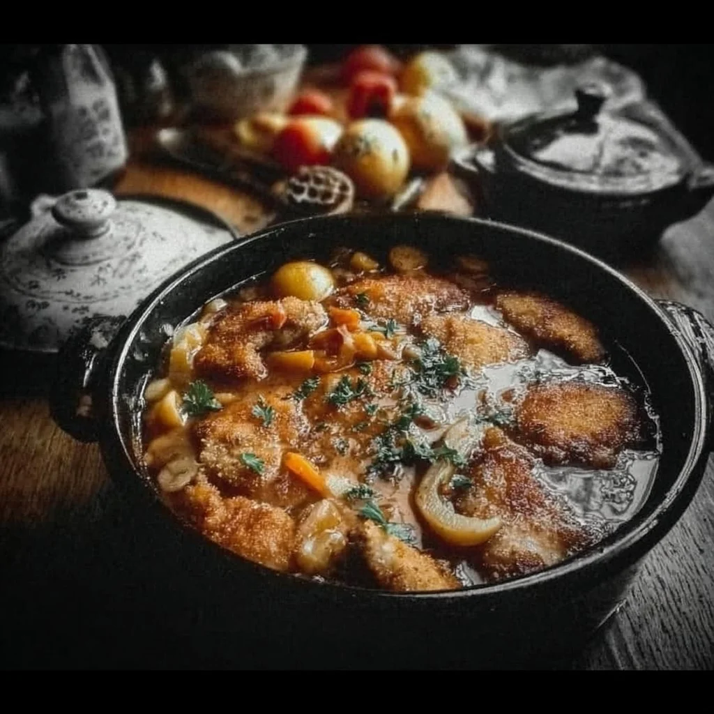 Köstlicher Schnitzeltopf serviert in einer Pfanne.
