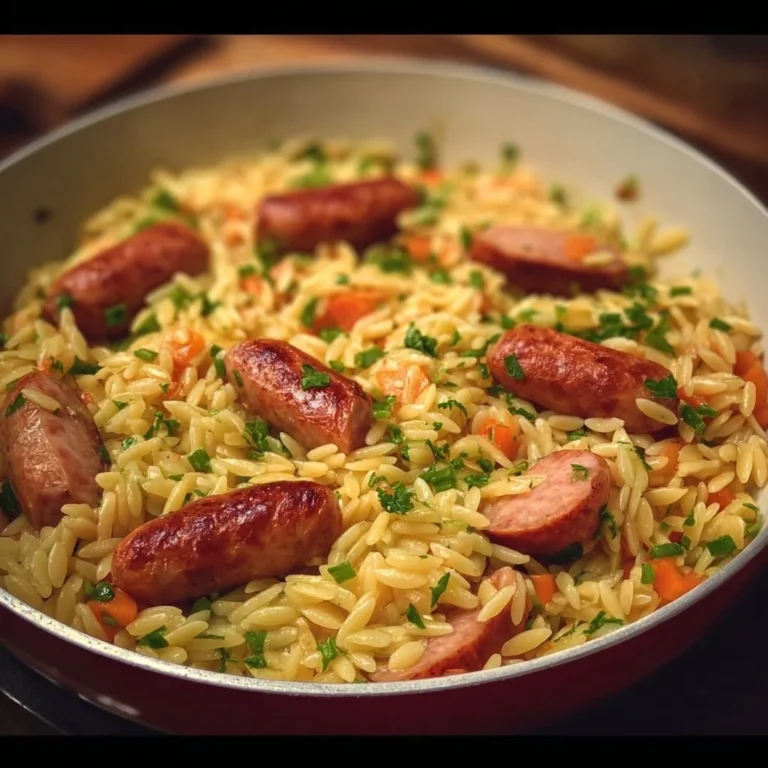 Kritharaki Pfanne mit leckeren Würstchen und Gemüse
