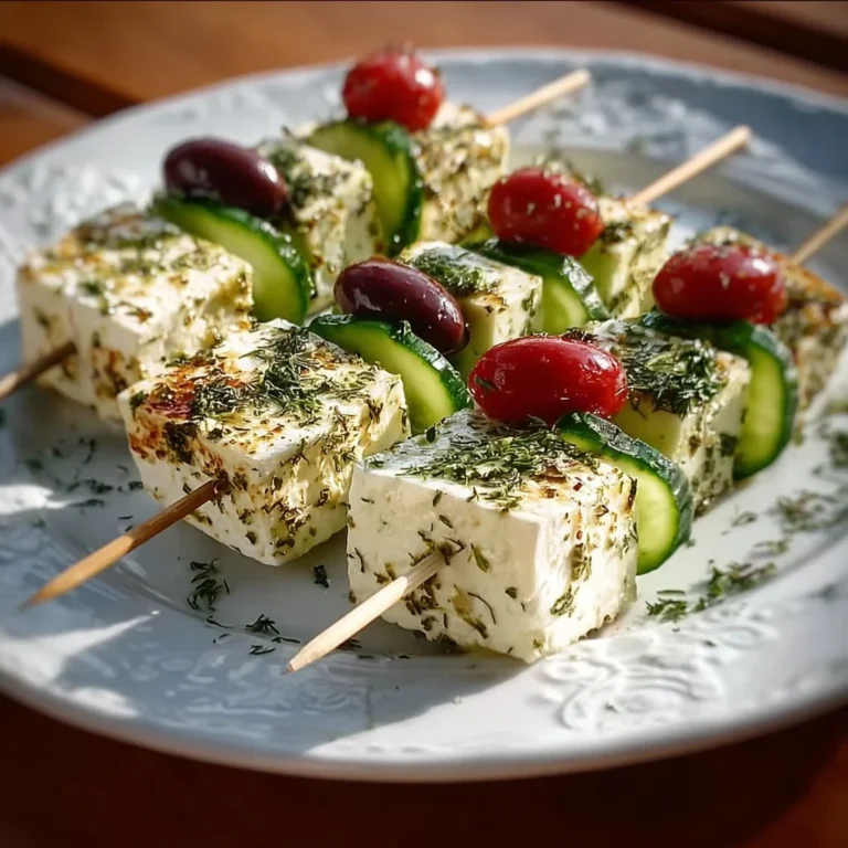 Leckere Feta-Spieße mit Gurke auf einer weißen Servierplatte