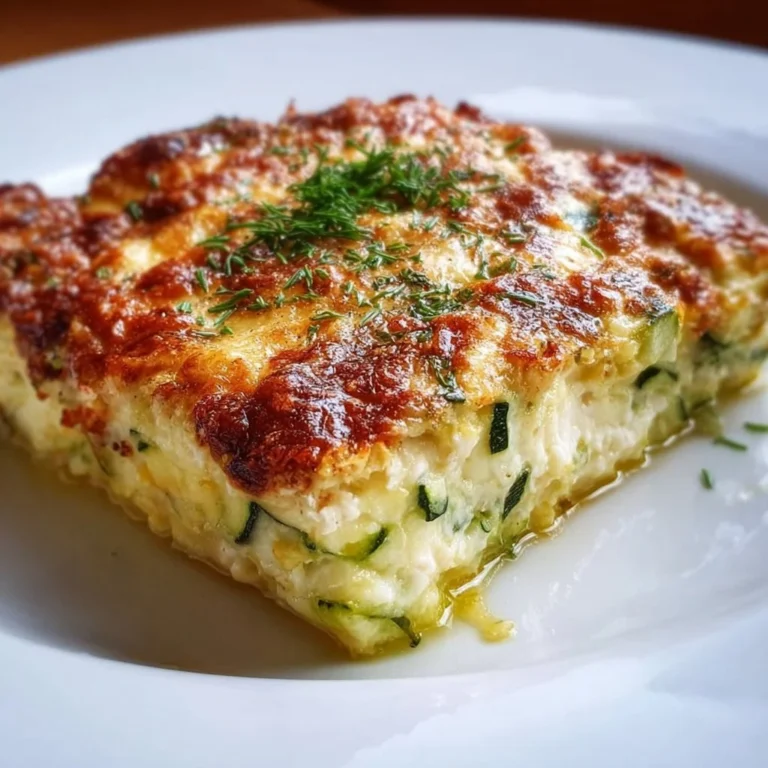 Ein köstlicher Zucchini-Hüttenkäse-Auflauf auf einem Teller, frisch gebacken