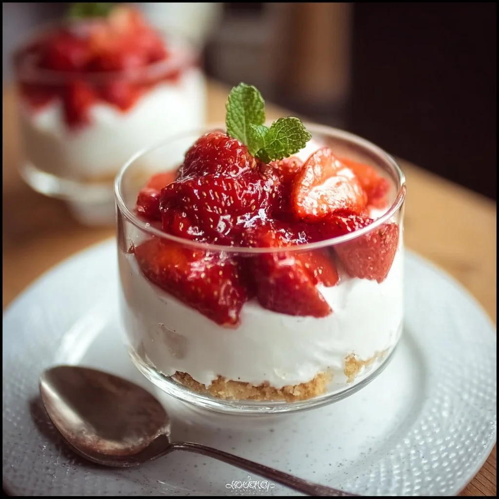 Leichtes Erdbeer-Dessert mit frischen Erdbeeren und Sahne.
