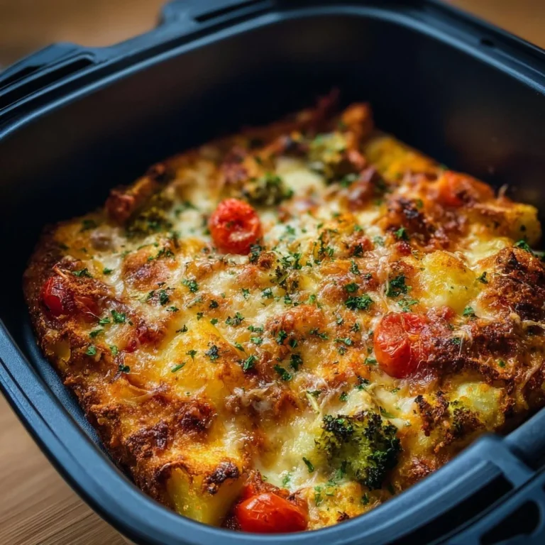 Low Carb Auflauf im Airfryer serviert mit frischen Zutaten