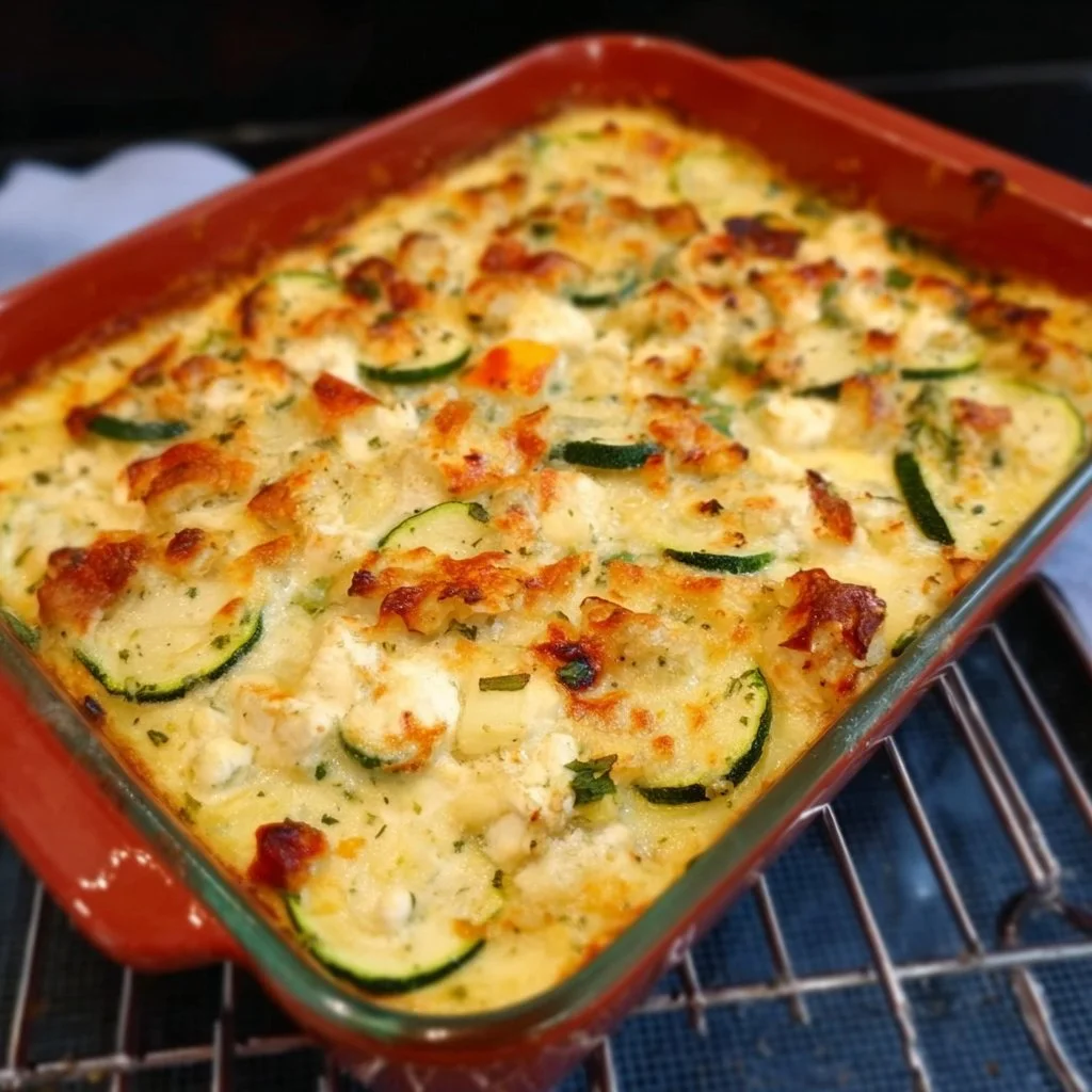 Leckeres Low Carb Zucchini Casserole mit Feta auf einem Teller serviert.