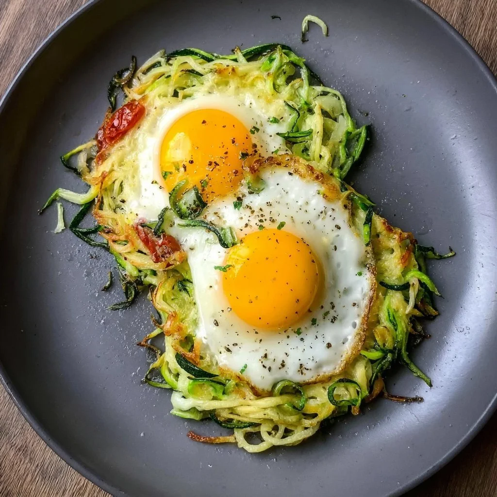 Low Carb Zucchini Nester mit Spiegelei auf einem Teller serviert