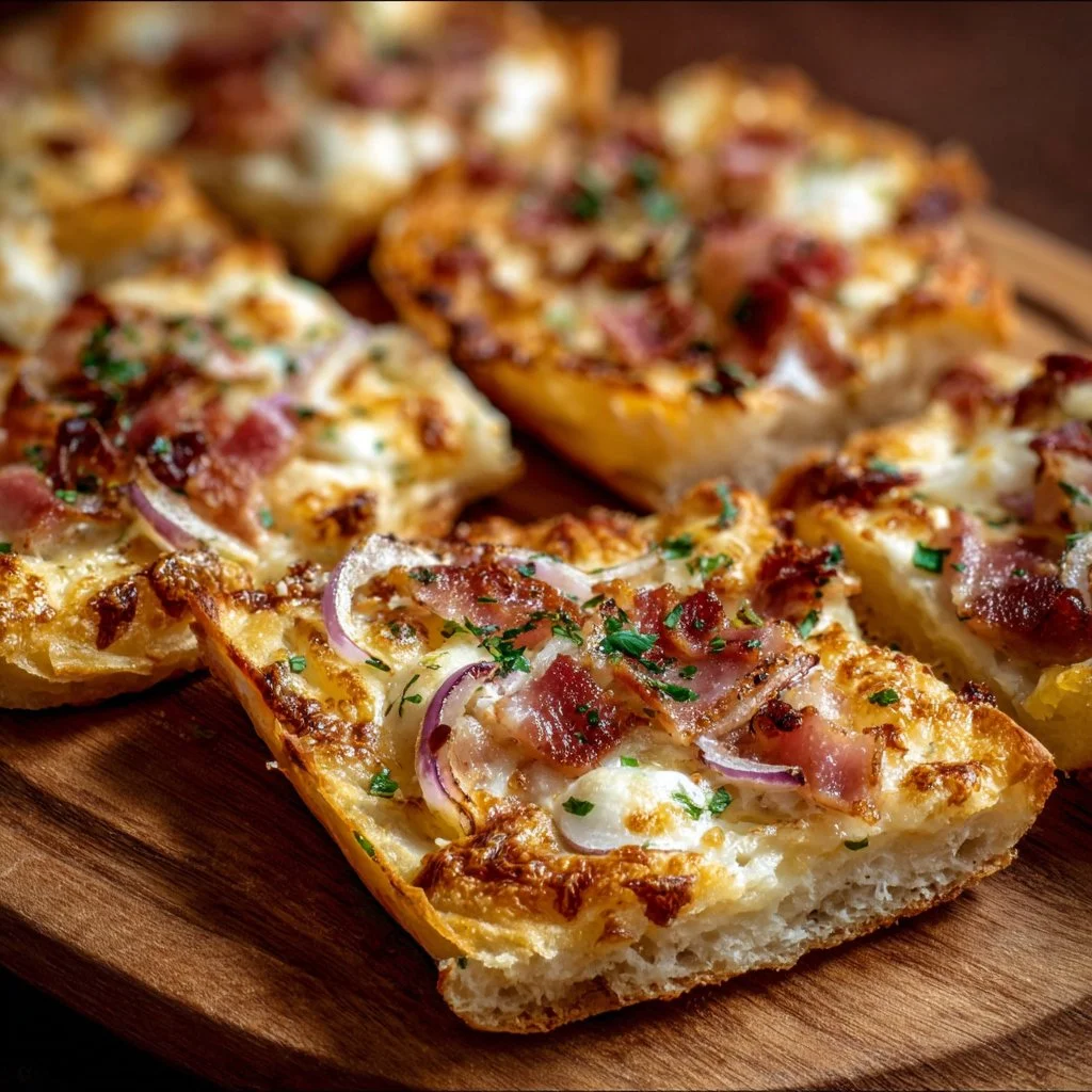 Mini Flammkuchen mit Speck und Zwiebeln auf einem Holzbrett serviert