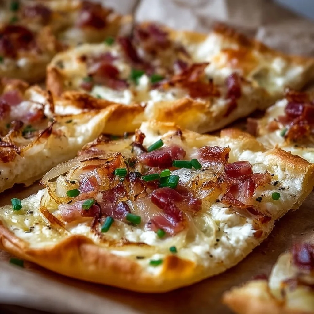 Mini Flammkuchen mit Speck und Zwiebeln